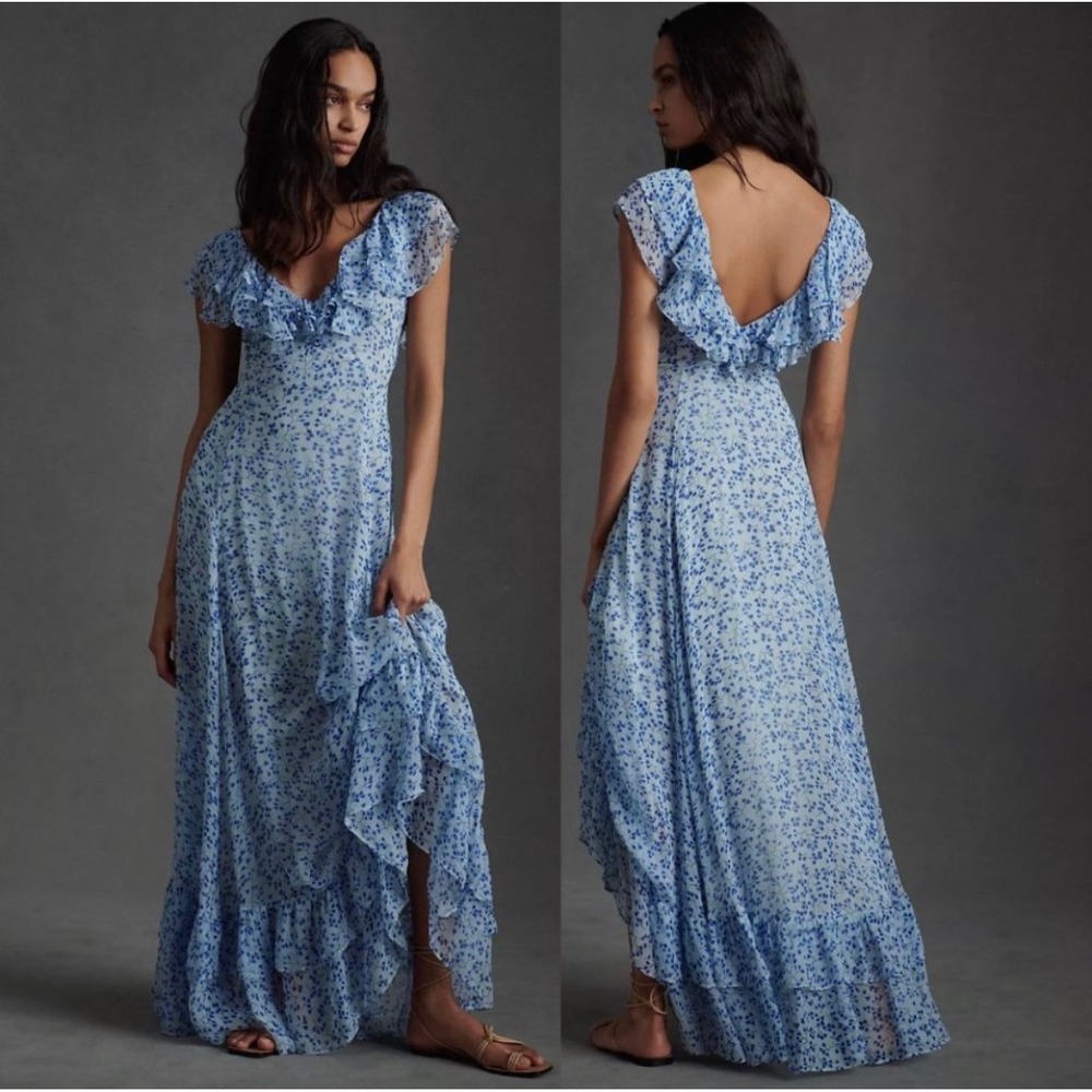 Anthropologie Sachin & Babi Ivy Chiffon Flutter Sleeve Ruffle Maxi Dress V-Neck